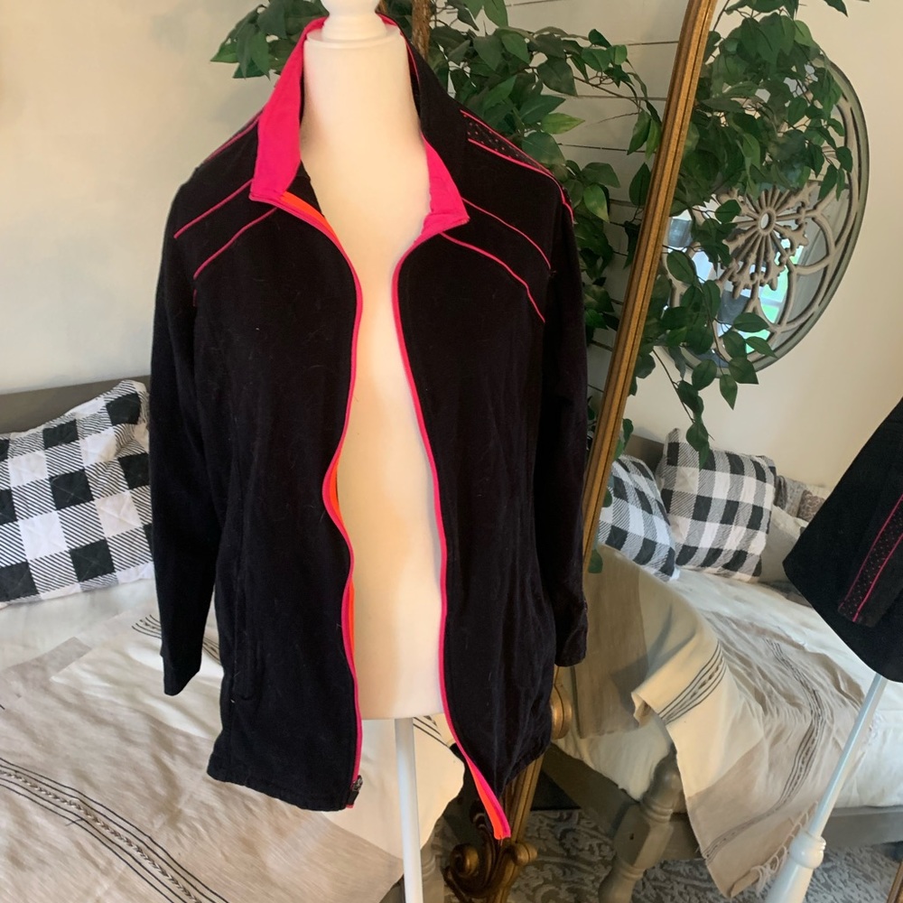 Catherine’s black with hot pink detail athletic jacket, long sleeves. 1X